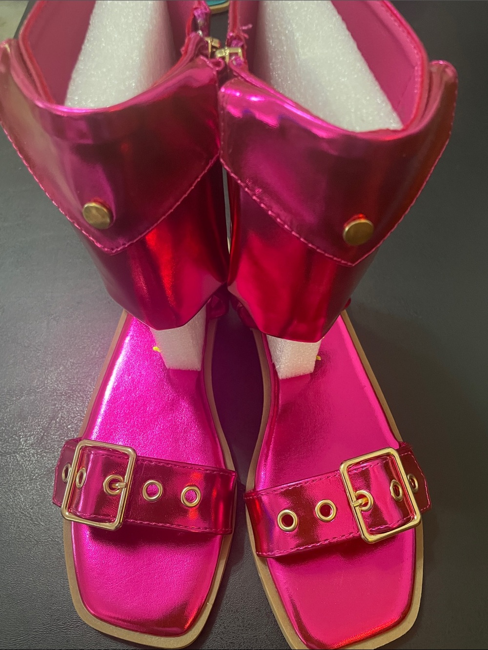Cape Robbin Natalie Cargo Pocket Metallic Pink Women's Ankle Sandals Sz. 6.5 NWT